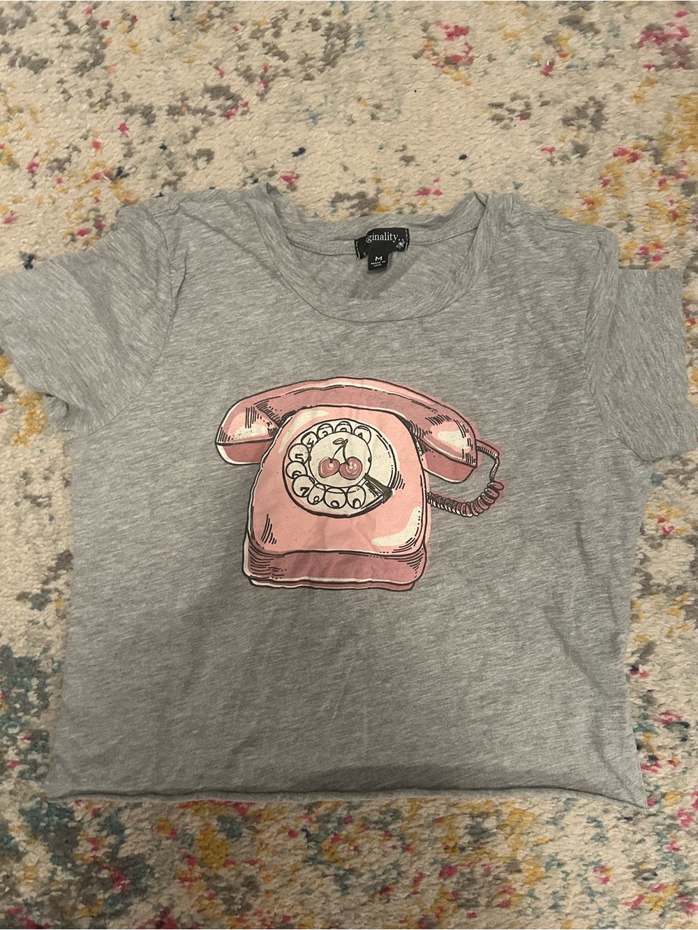 Gray Kids Tee with Pink Retro Telephone Graphic